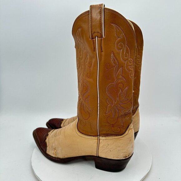 Justin 1660 Men Size 9.5D Cream Brown Two Tone Leather Pointed Toe Western Boot - Picture 7 of 14